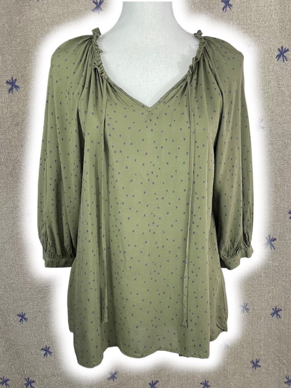 Ditsy Star Rayon Blouse M Ruffle Tie V-Neck Peasant Balloon Sleeve Lightweight